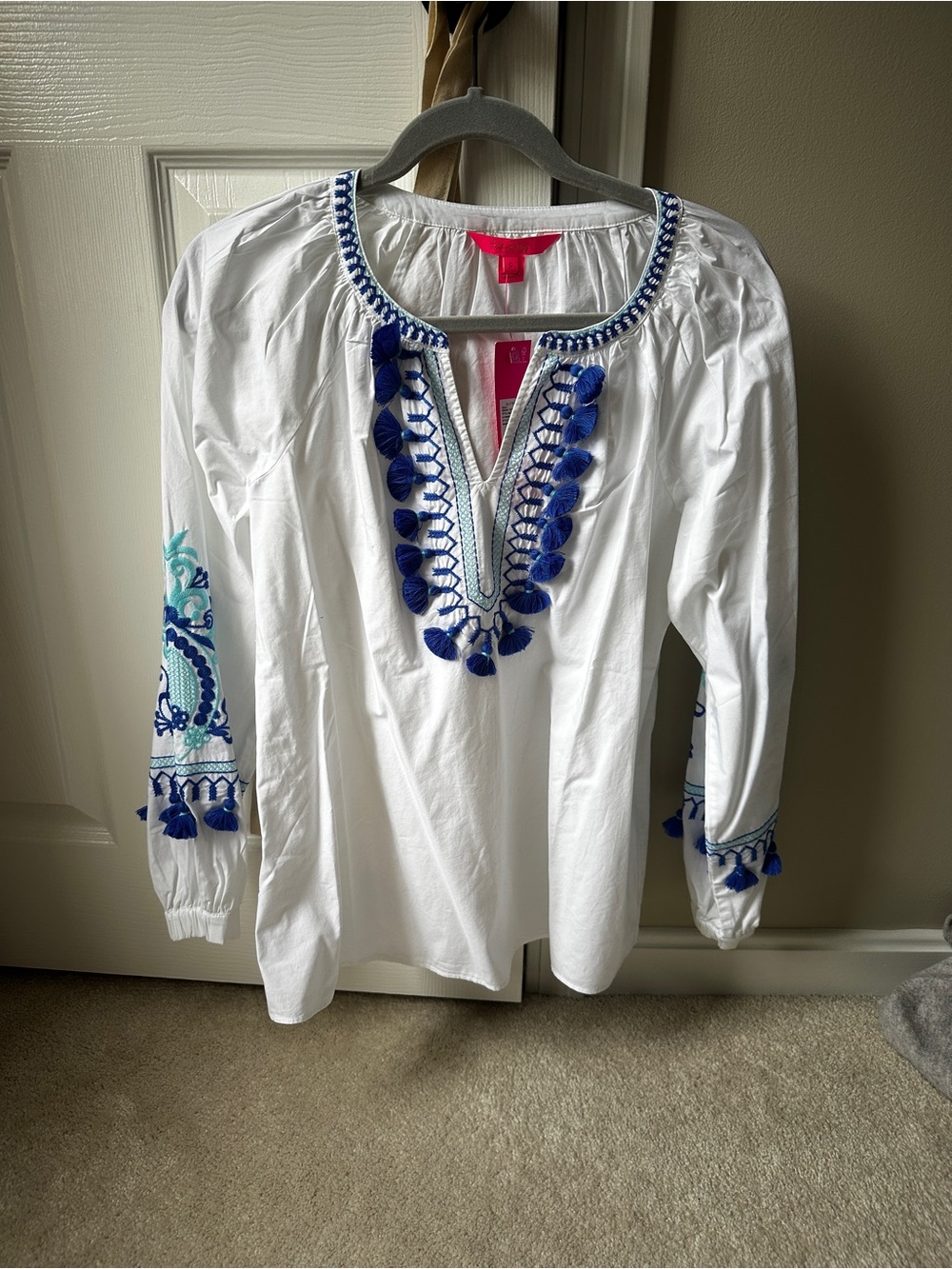 Lilly Pulitzer White Tunic Top with Blue Embroidered Tassels